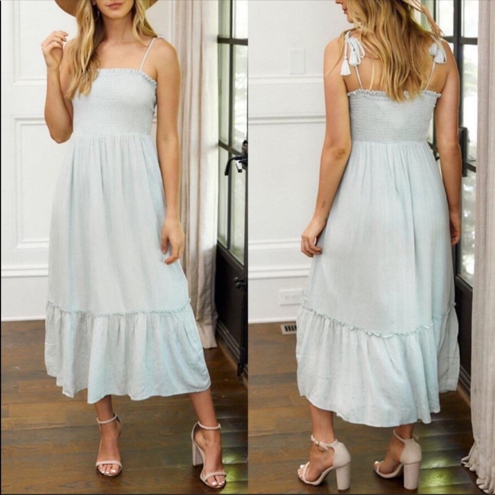 LUSH Smocked Ruffle Midi Dress Mint Green LARGE